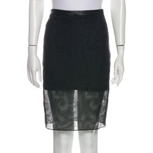 Tibi high waisted jacquard pencil skirt with leather waist in black